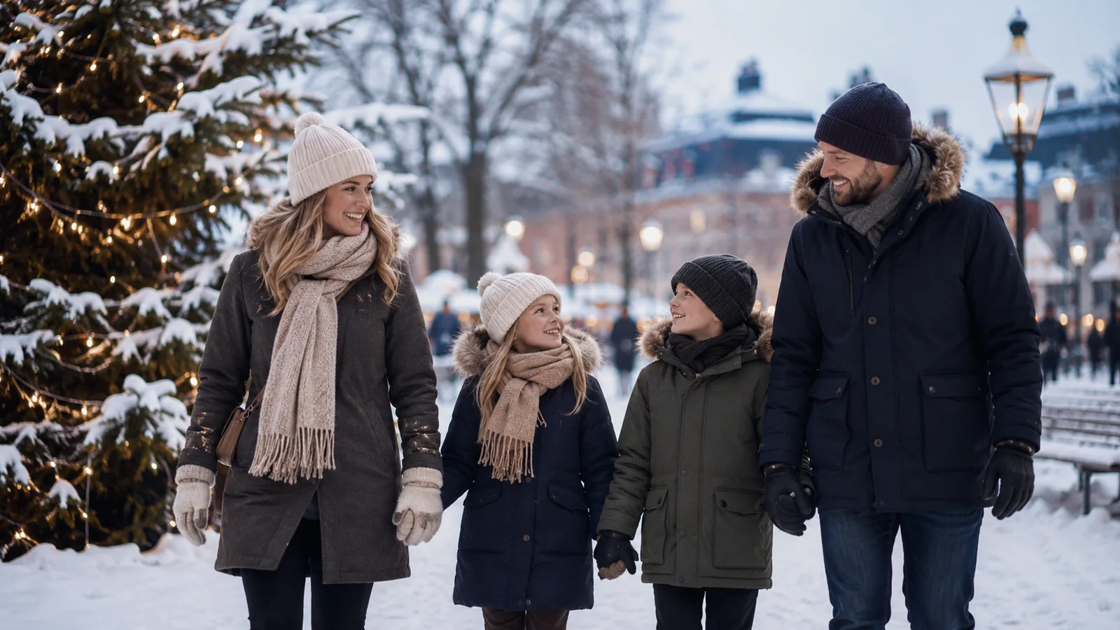 Familj på vinterpromenad under jullovet