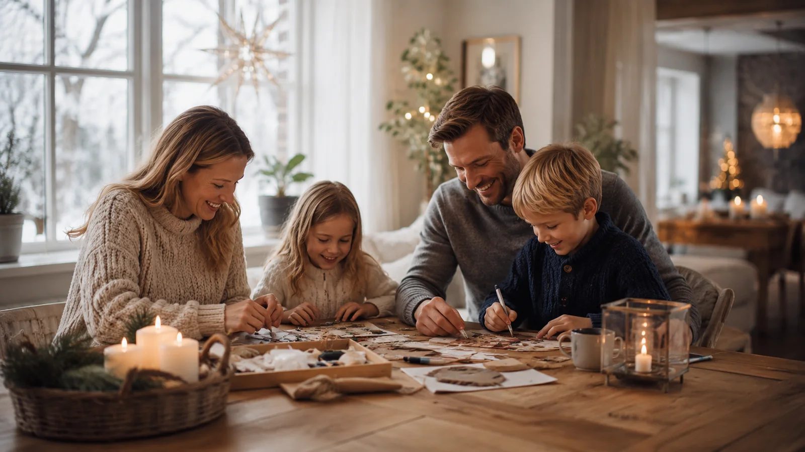 Familj som pysslar hemma på jullovet